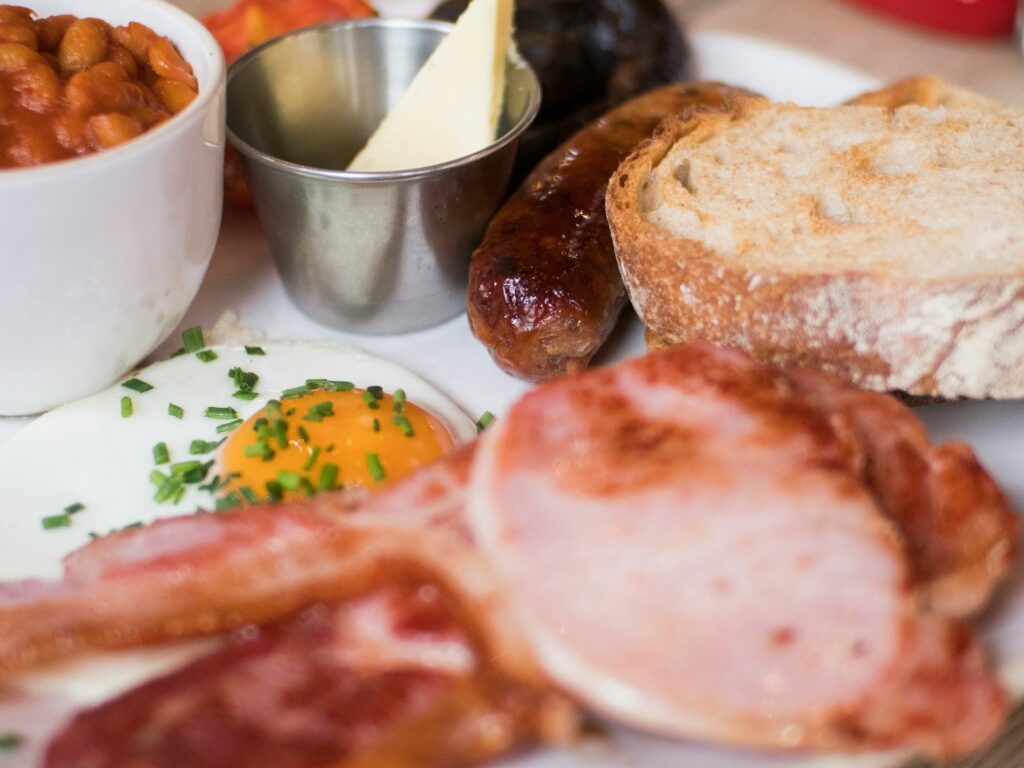 A full Scottish breakfast, seen in closeup